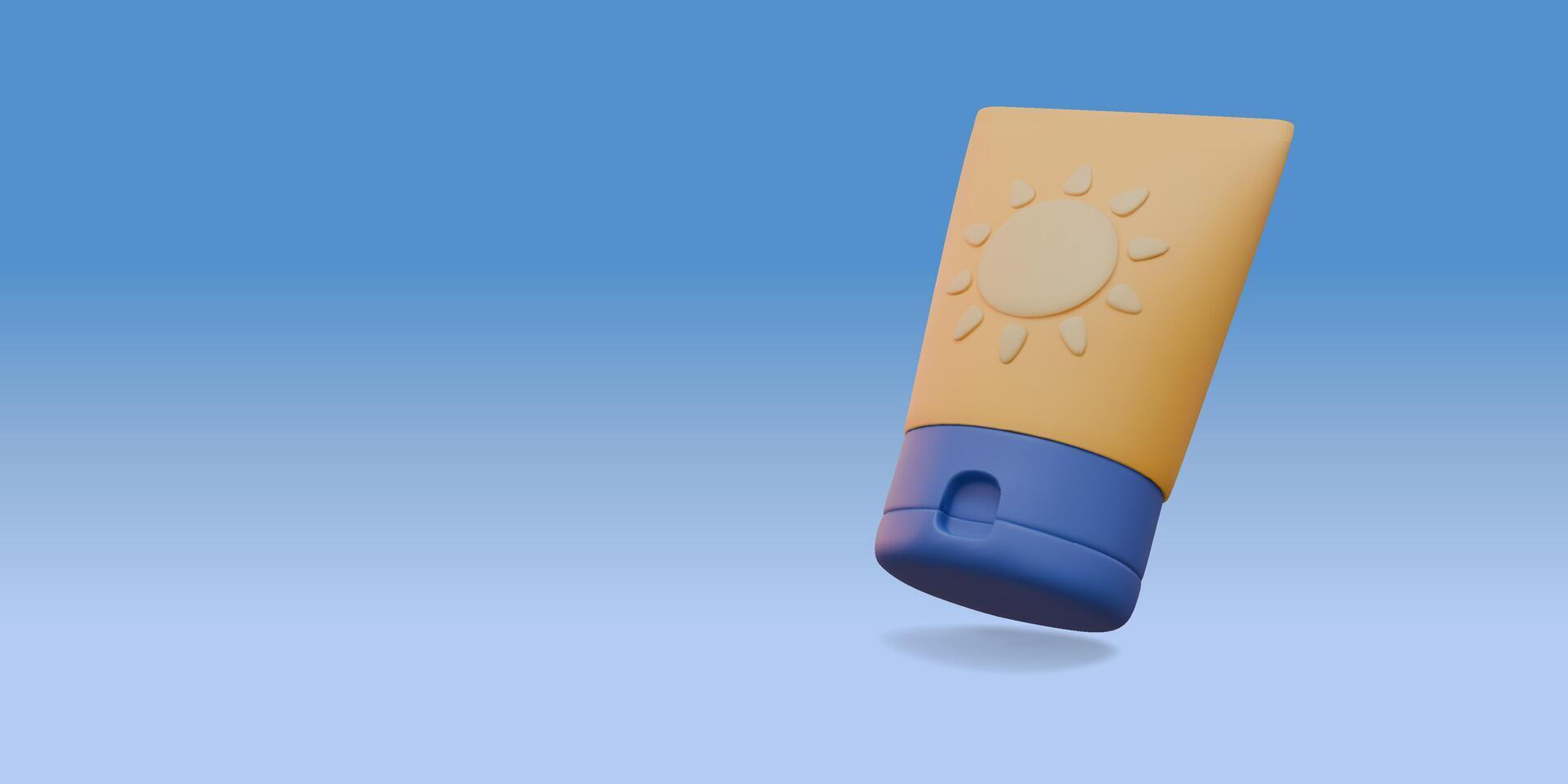 3D Stylized Sunscreen with SPF - Yellow Packaging with Sun Symbol, Sun Protection Cream Illustration vector