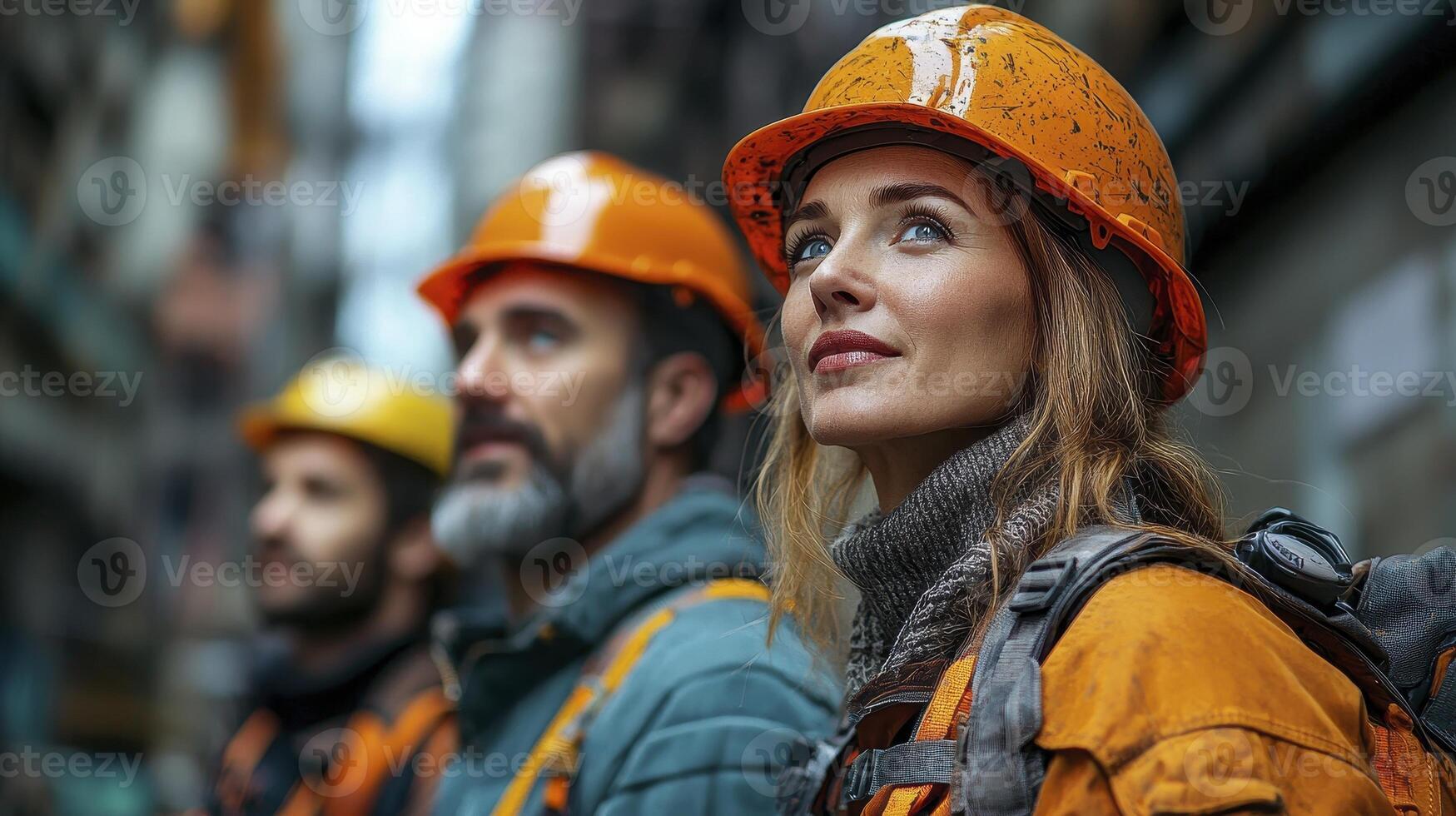 Diverse Team of Builders and Architects in Construction Site with Safety Gear photo