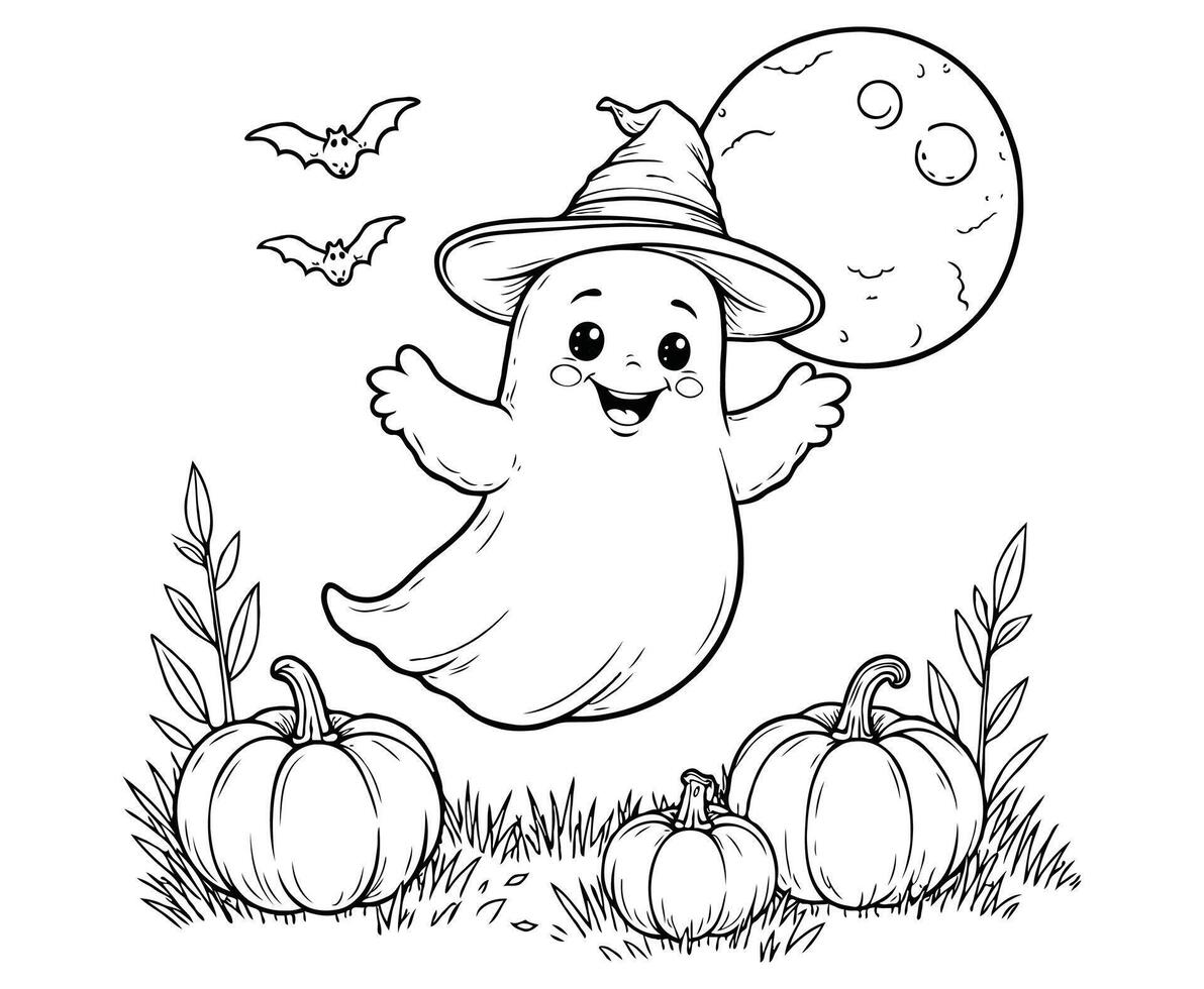 Funny Ghost with Witch Hat coloring page vector