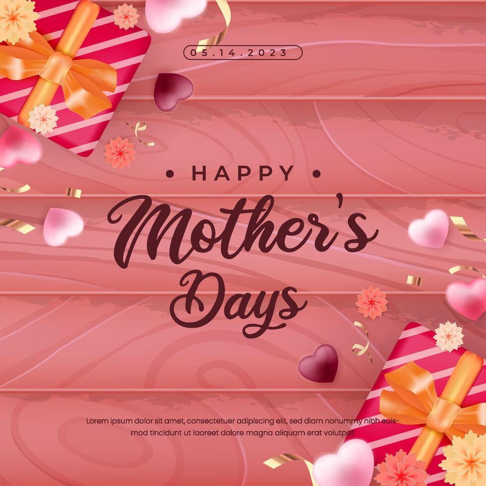 Mothers Day Greeting Design with Flowers, Hearts, and Gift Boxes on Pink Background vector