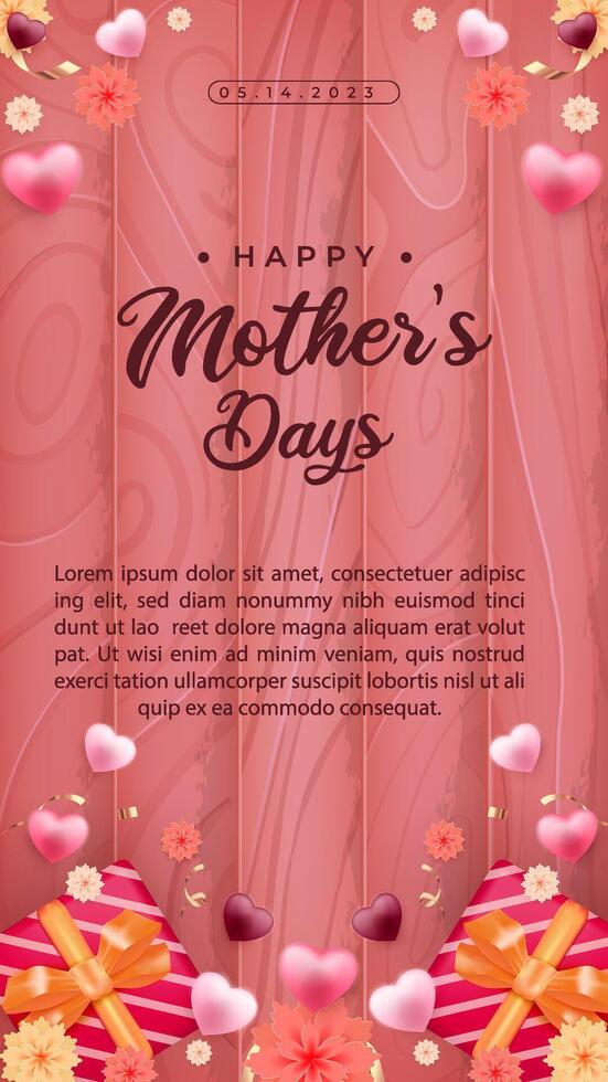 Vertical Happy Mothers Day Design With Flowers and Decorative Hearts vector
