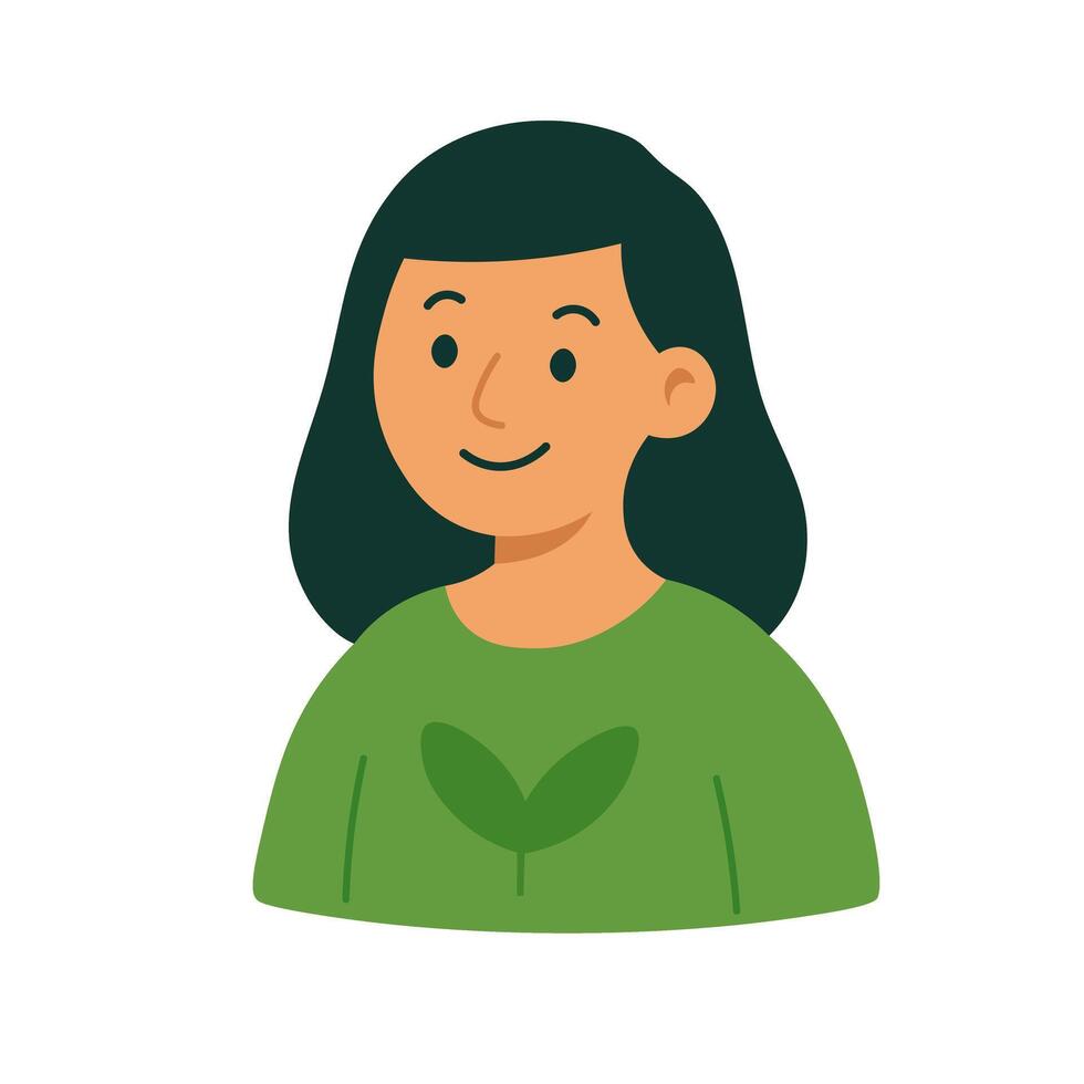 Smiling girl wearing green clothes with leaf print, symbol of eco-friendly lifestyle and sustainability. vector