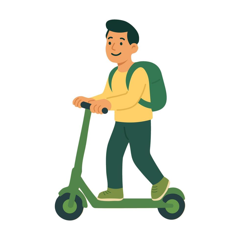 Smiling boy riding green scooter. Modern urban transport for eco-friendly and sustainable lifestyle. vector