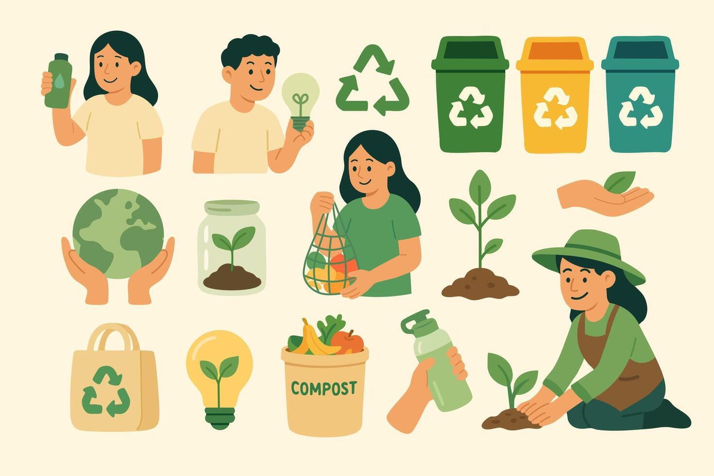 Sustainable lifestyle set with reusable items, recycling bins, seedlings, and eco-friendly people. vector