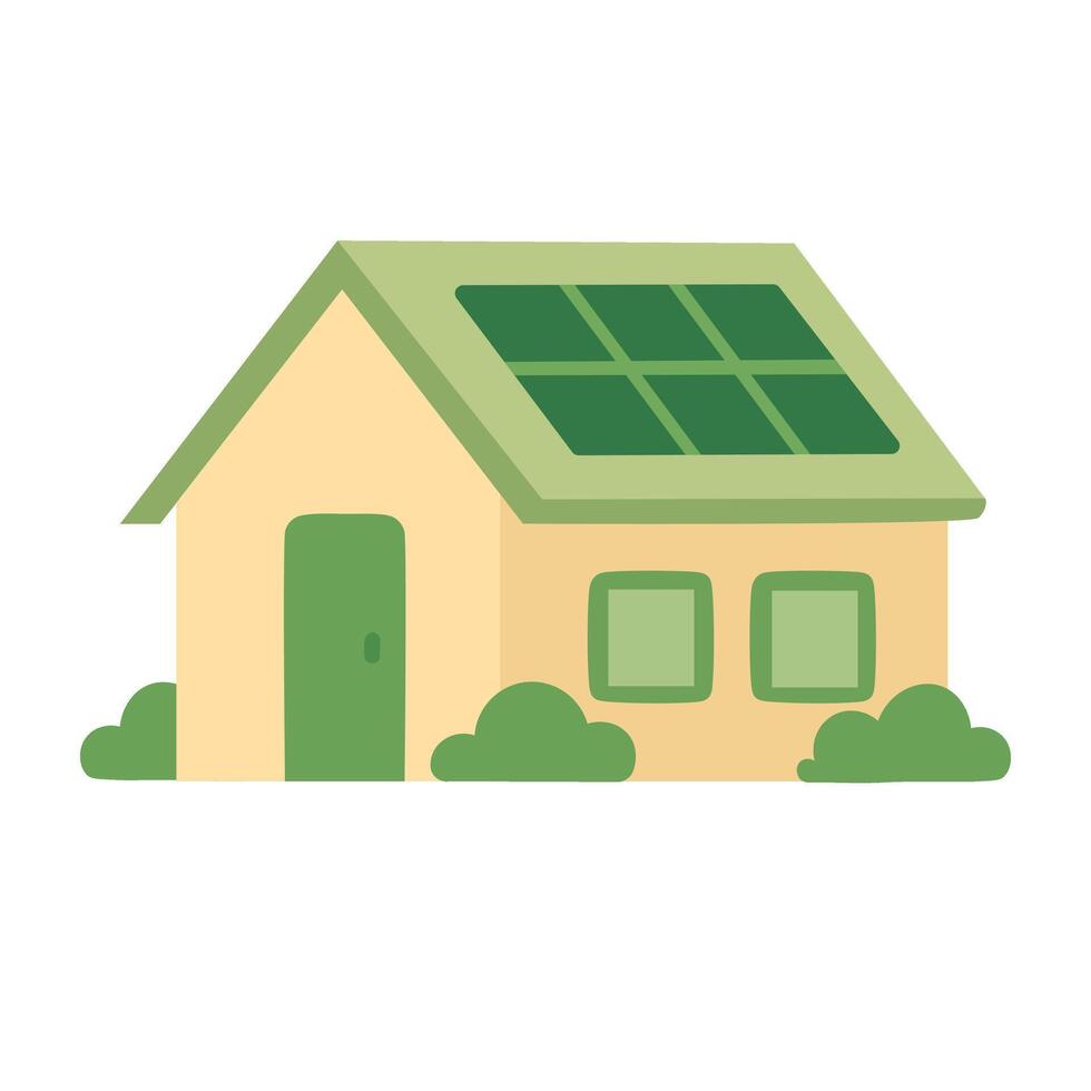 Cartoon house with solar panels and green garden. Symbol of sustainable living and clean energy. vector