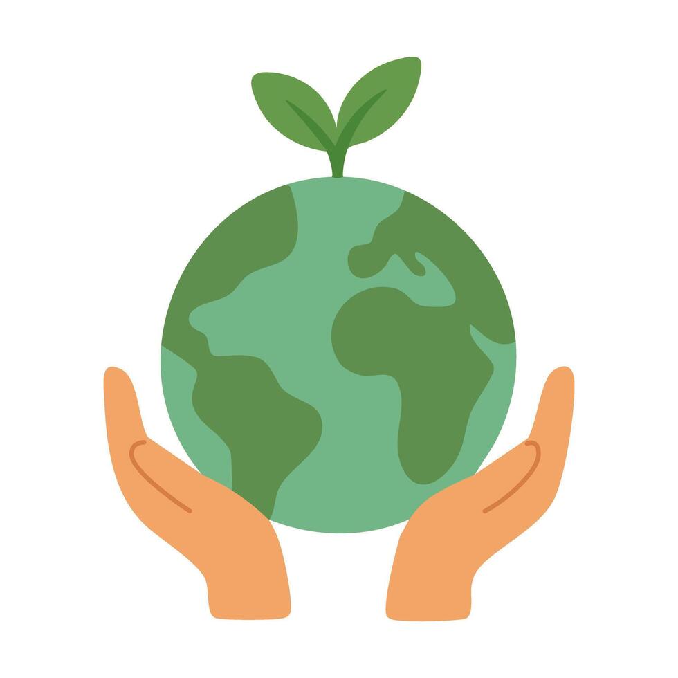 Planet Earth with sprout in hands. Symbol of ecological growth, nature care and sustainable future. vector
