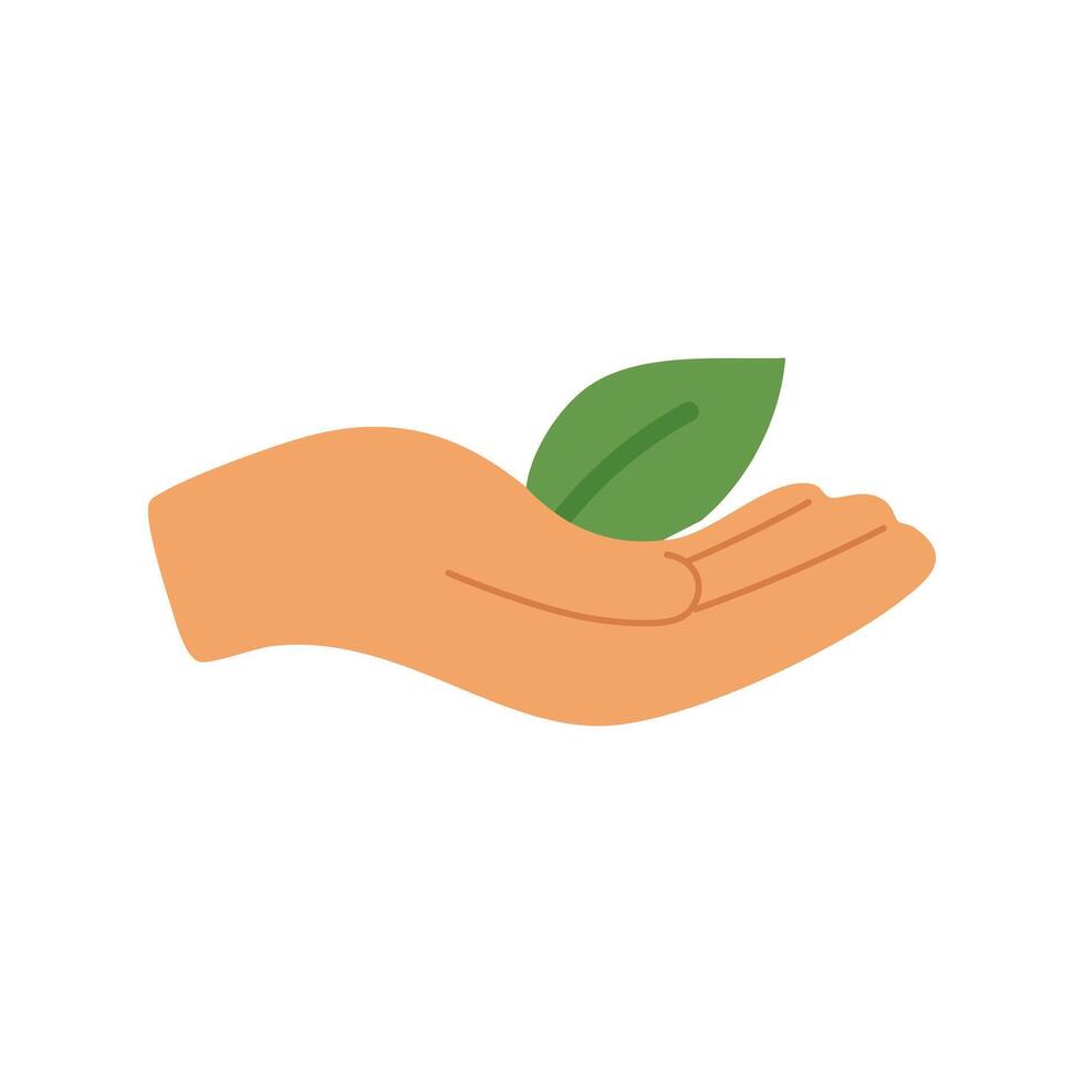 Open hand holding green leaf. Symbol of care, ecology, nature protection and sustainability. vector