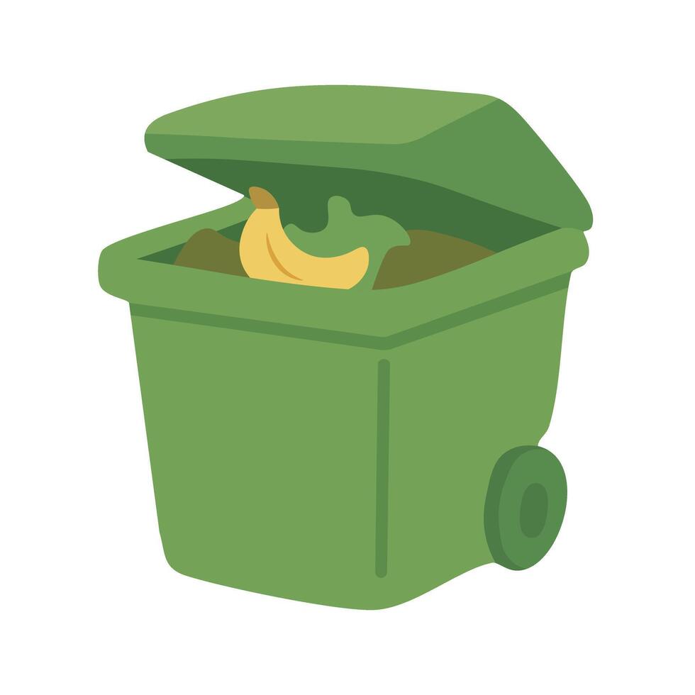 Green compost bin with food scraps and organic waste. Eco-friendly cartoon flat illustration. vector