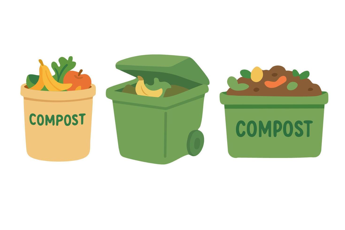 Set of compost bins with food scraps and organic waste for eco lifestyle and recycling themes. vector