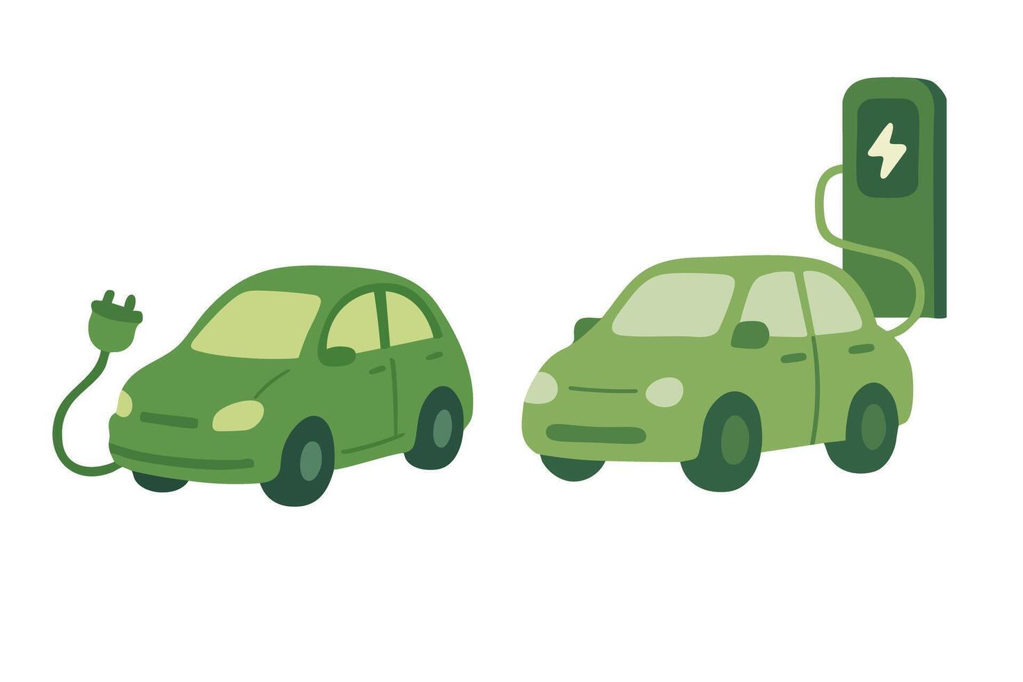 Set of green electric cars with charging cable and station. Eco transport clipart. vector