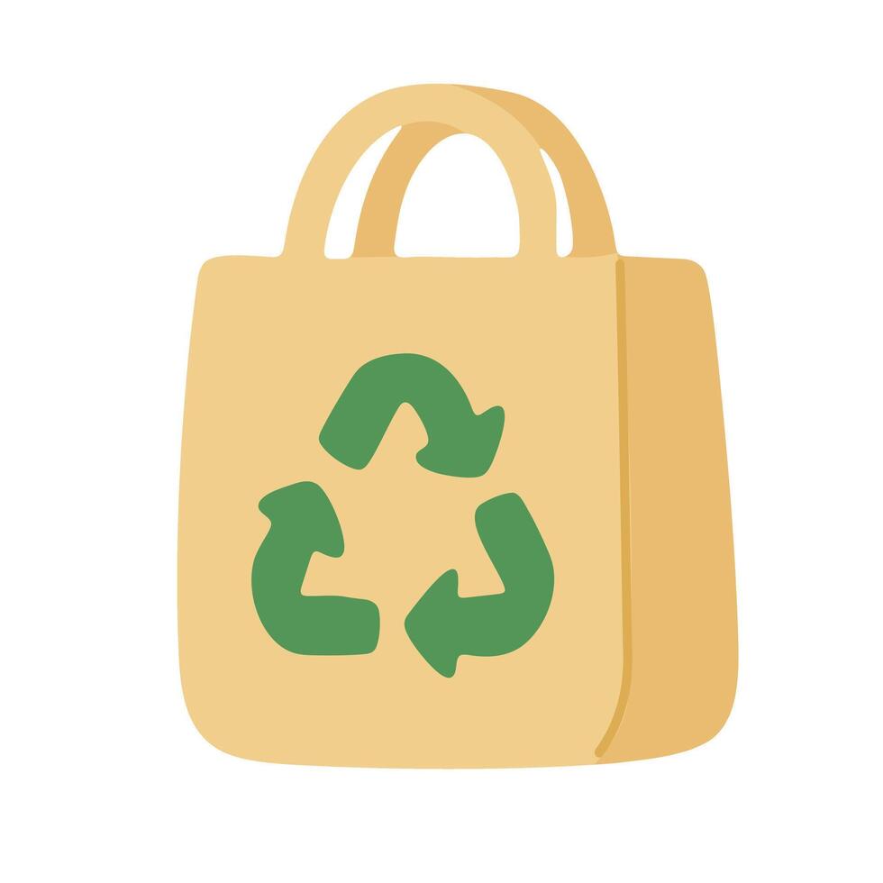 Cartoon eco shopping bag with recycling symbol. Sustainable and reusable alternative to plastic. vector