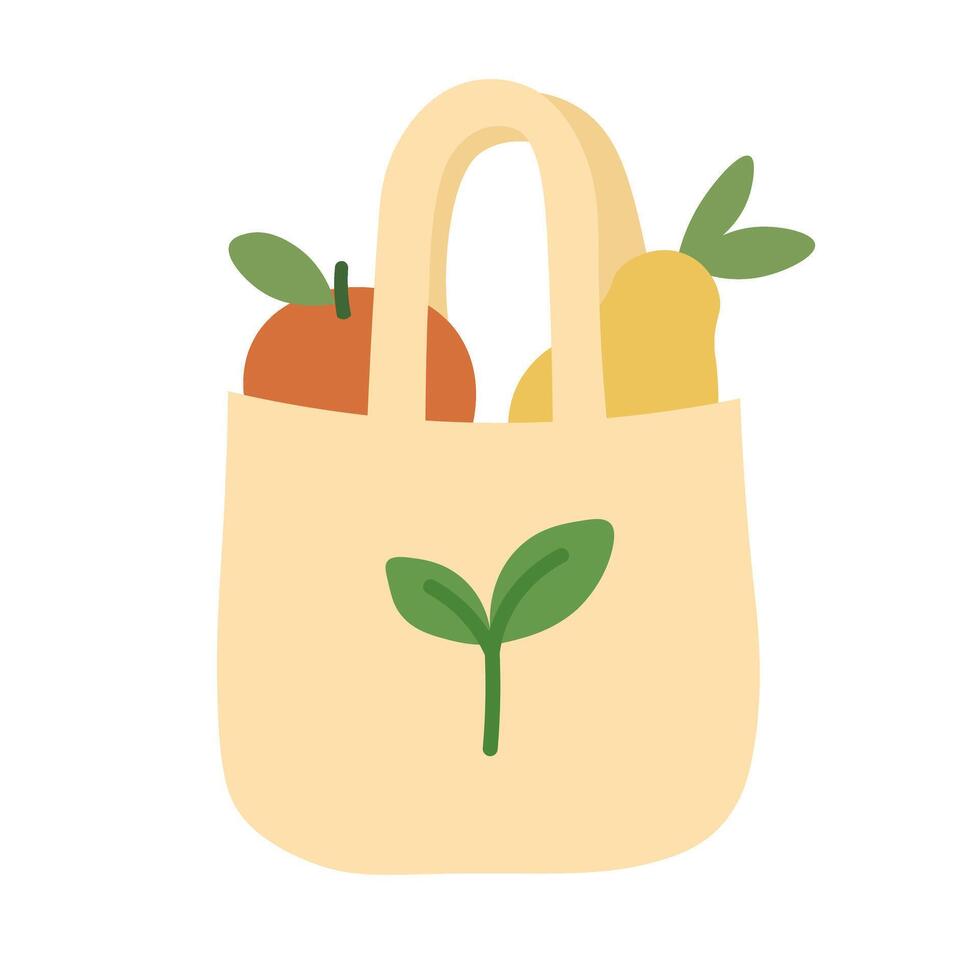 Eco-friendly tote bag with fruits. Symbol of zero waste shopping and sustainable lifestyle. vector