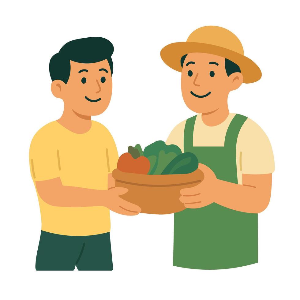 Smiling farmer hands fresh organic vegetables to happy man, promoting local and sustainable food. vector
