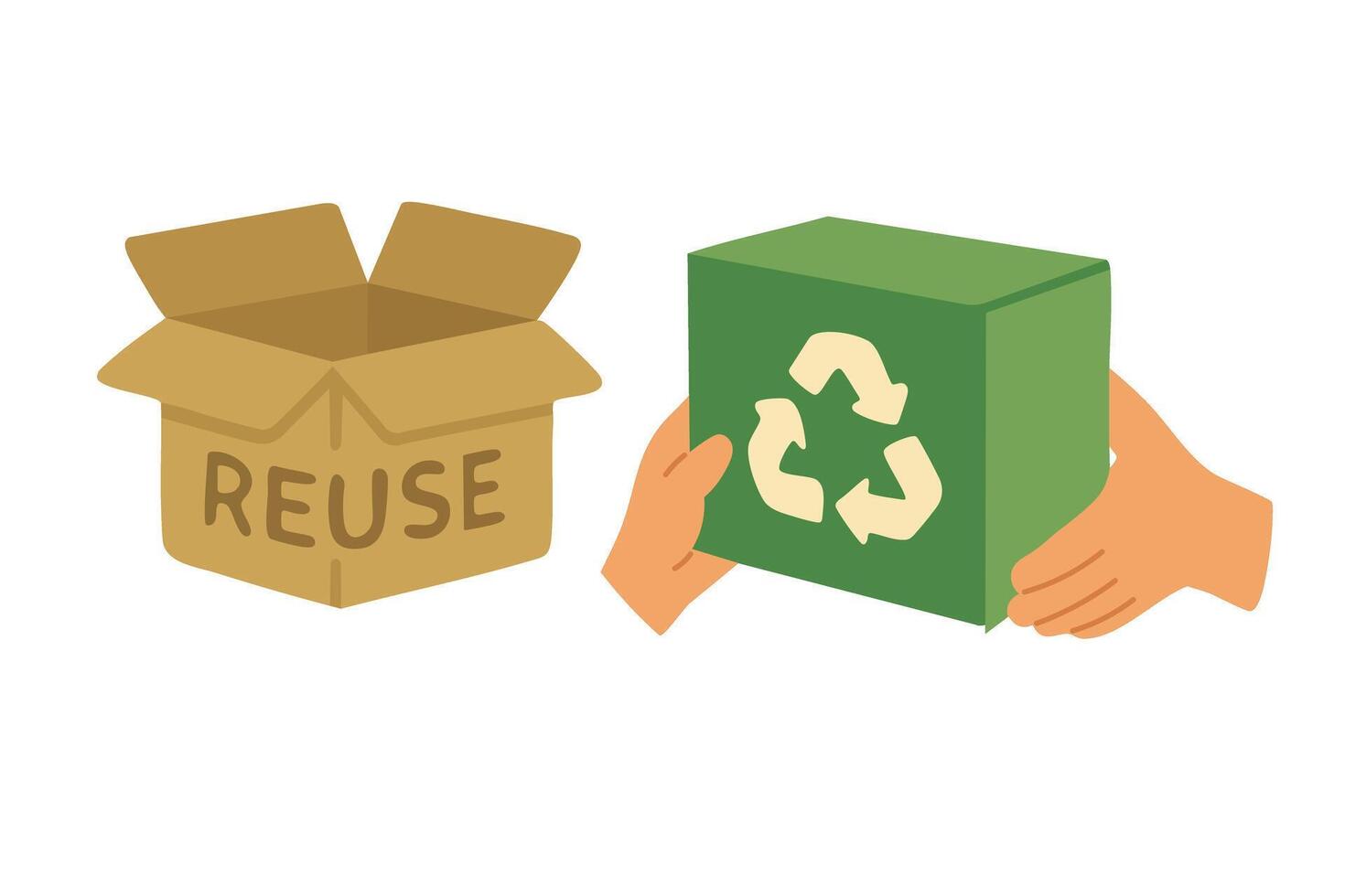 Cardboard box with reuse sign and green box with recycle symbol. Flat eco clipart. vector