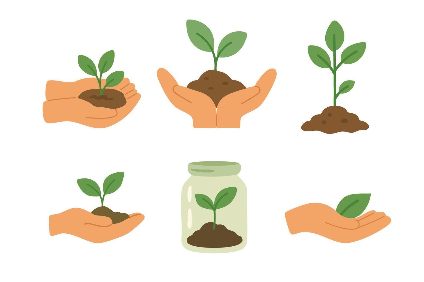 Young green sprouts in hands and soil, symbolizing growth, care, and nature preservation. vector