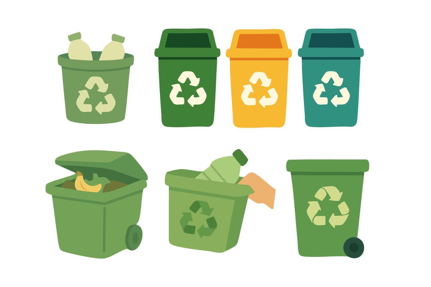 Colorful recycle bins for waste sorting, plastic, organic, and paper in eco cartoon style. vector