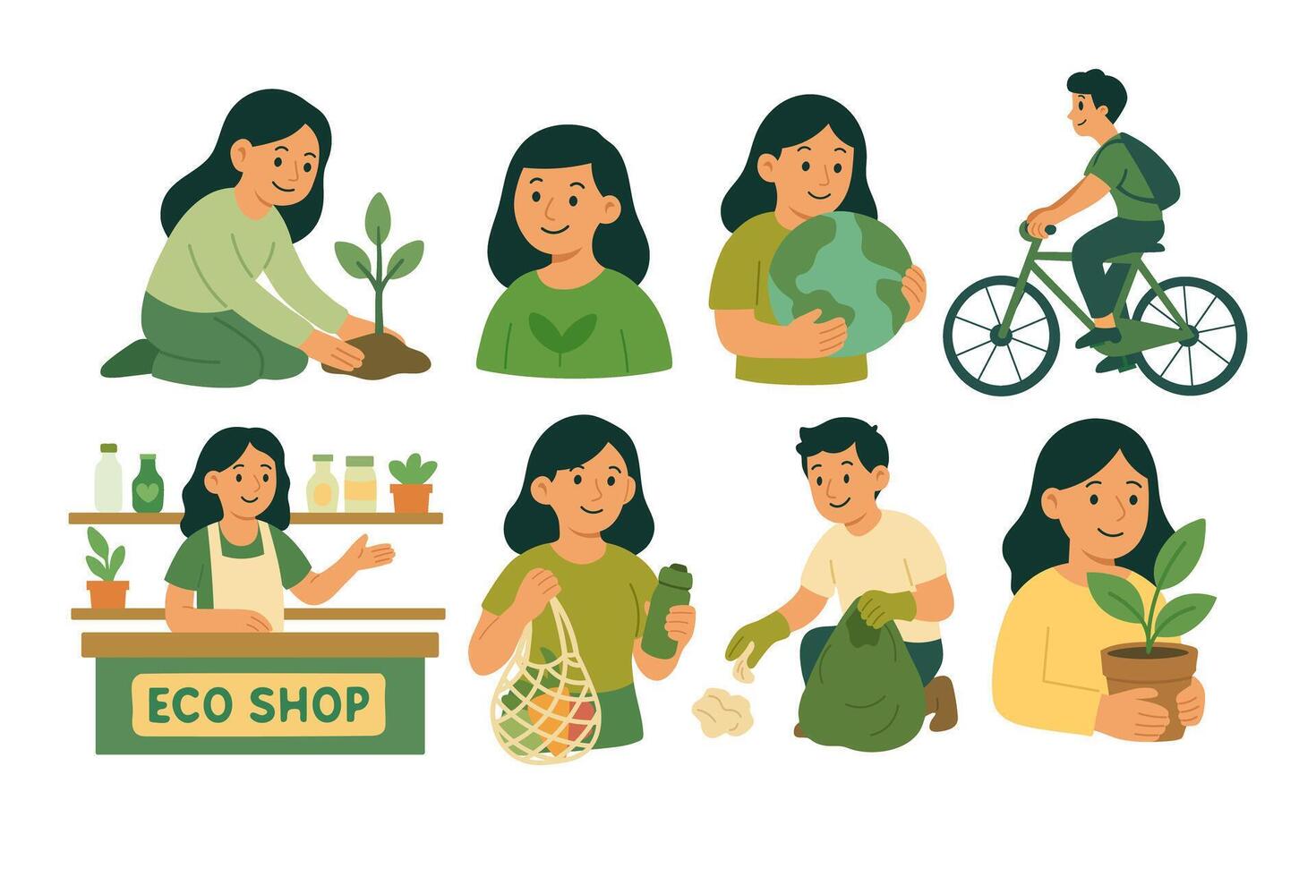 People promoting eco habits planting trees, using reusable bags, riding bikes and recycling. vector