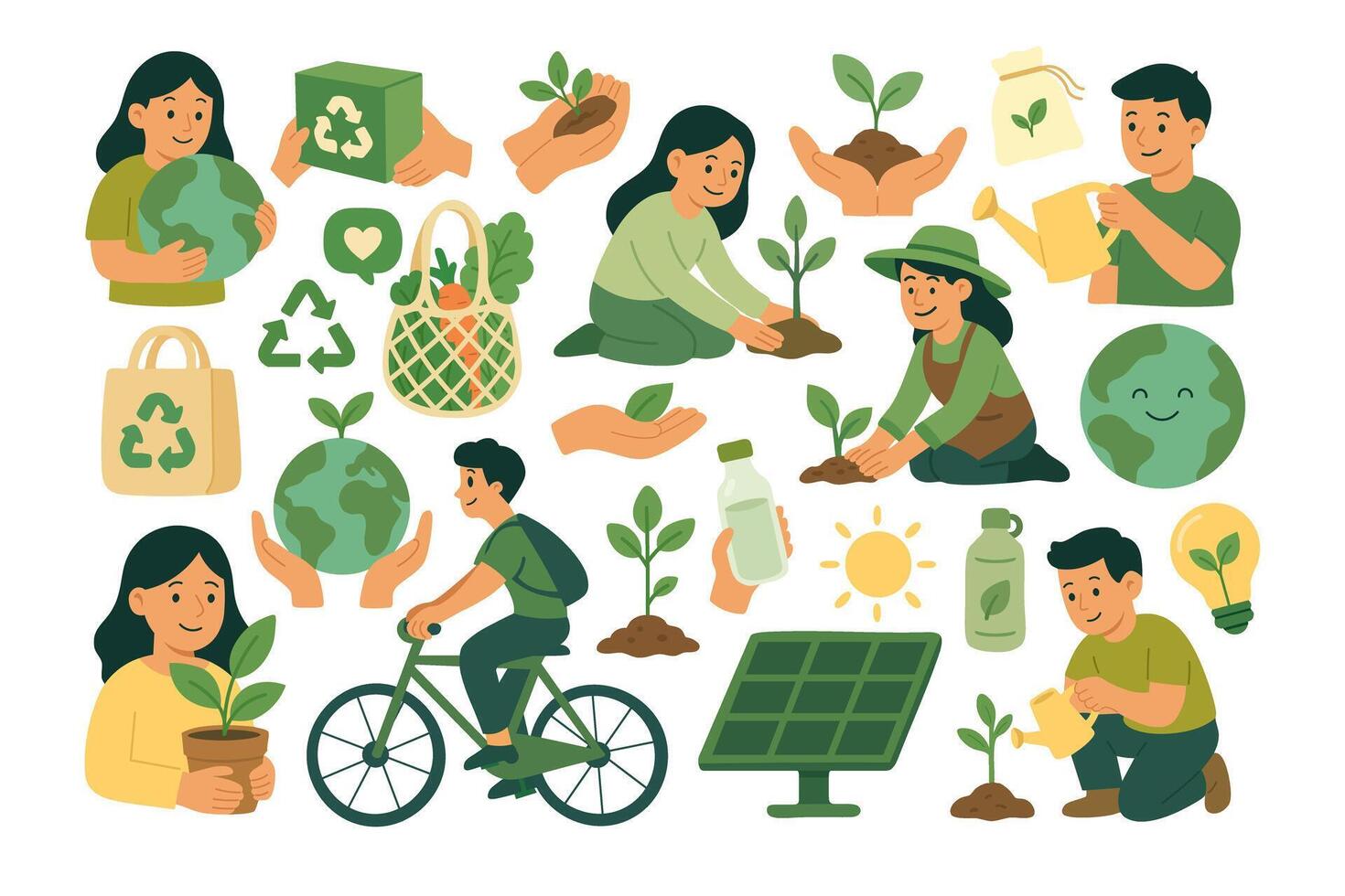 Eco lifestyle collection with gardening, recycling, reusable bags, plants, green energy and sustainable choices. vector