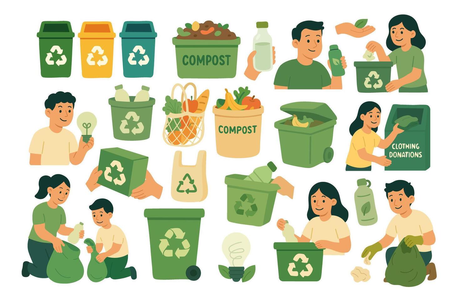 People sorting waste, composting food, using eco bags and recycling at home and outdoors. vector