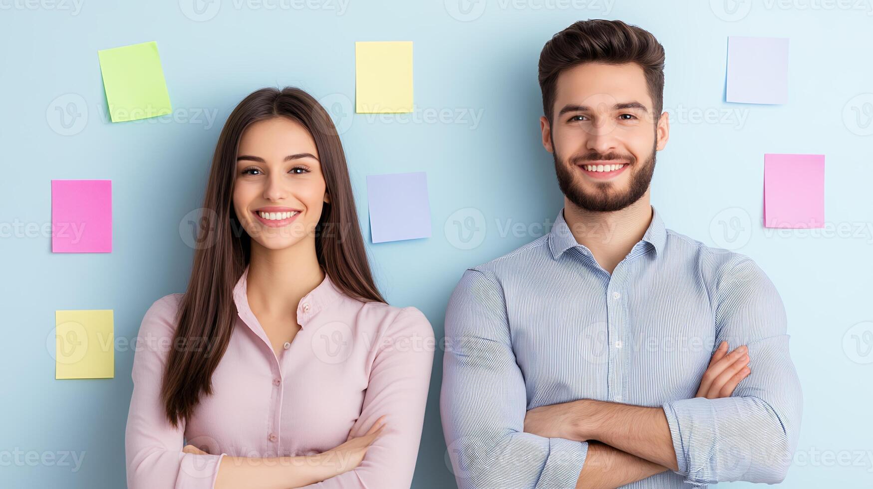 A man and woman standing in front of a wall with sticky notes photo