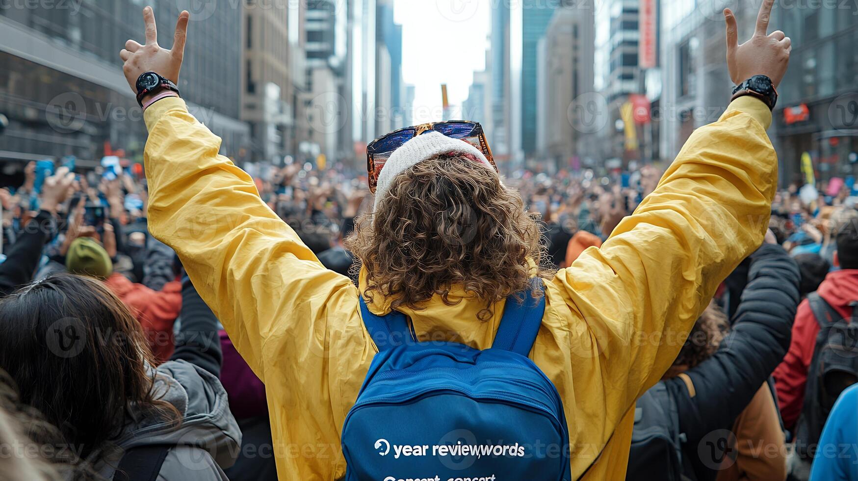 A person with a backpack and yellow jacket in a crowd photo