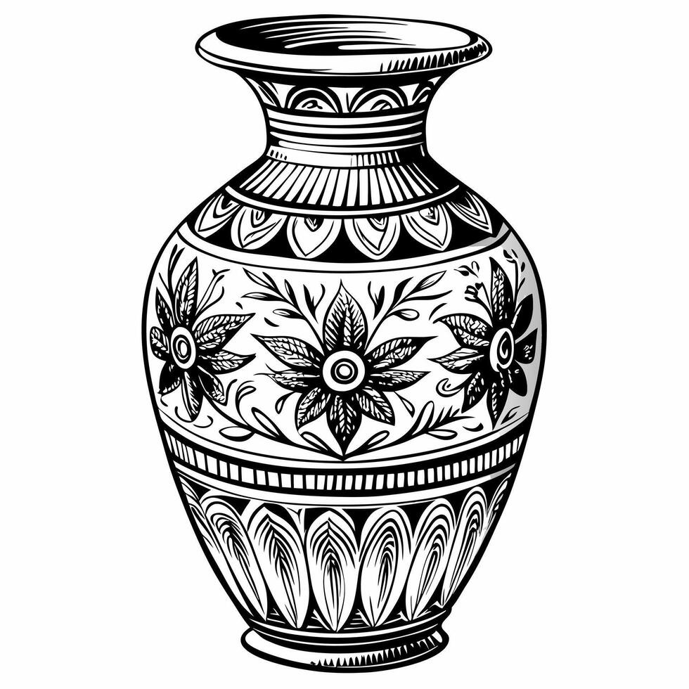 Intricate Floral Patterned Vase Illustration in Black and White vector