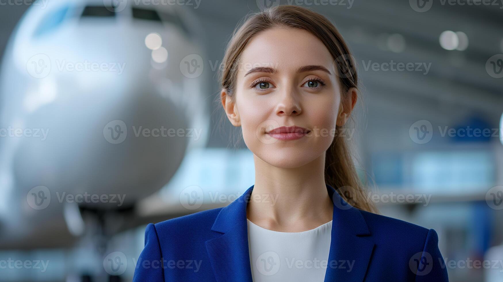A woman in a suit and tie standing in front of an airplane photo