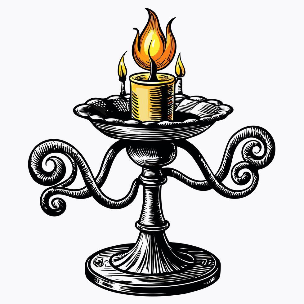 Vintage Ornate Candle Holder with Intricate Swirling Designs and Burning Flame vector