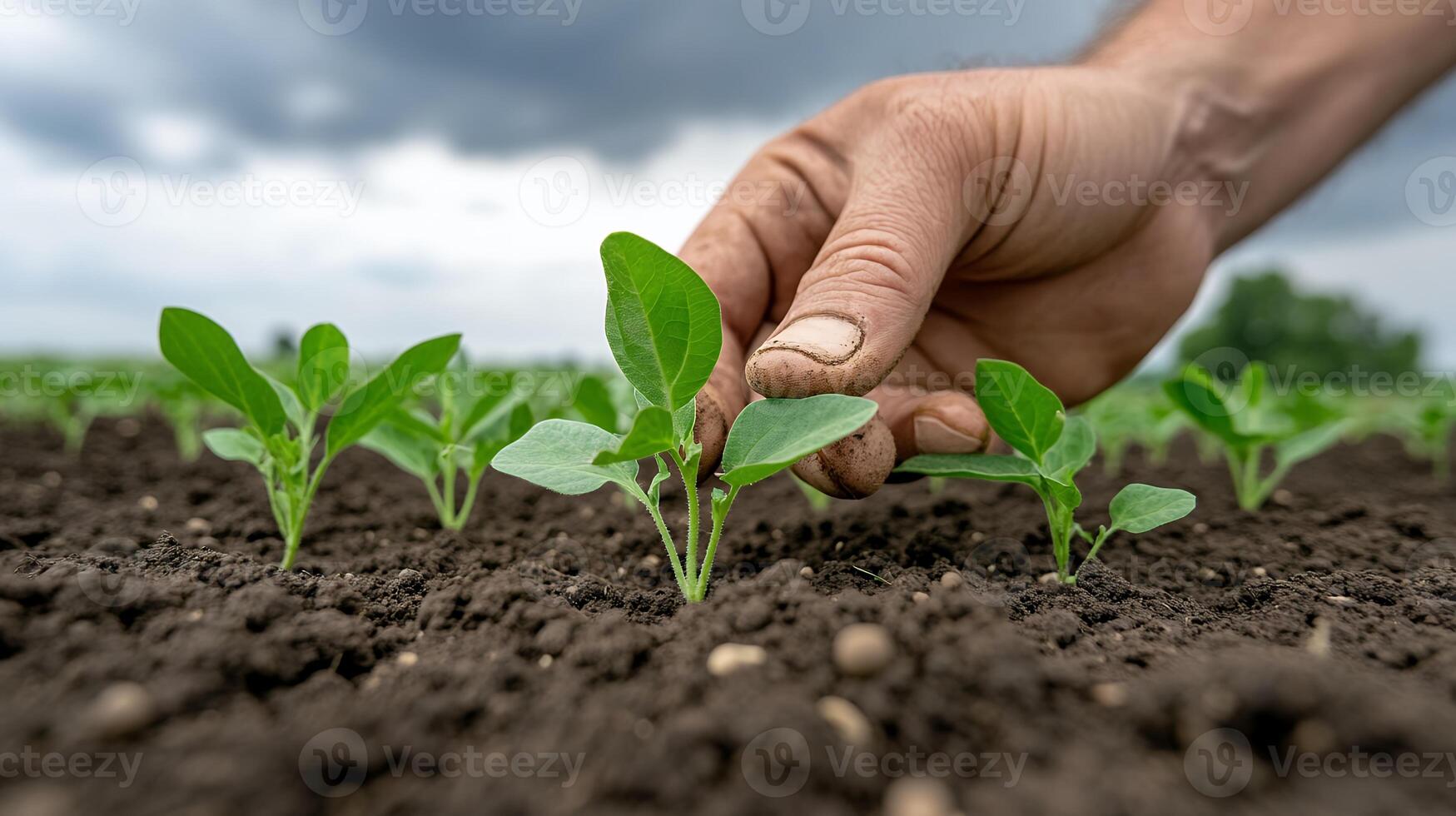 Farmer's Hand Examining Young Green Plants in Dark Soil Under Cloudy Sky photo