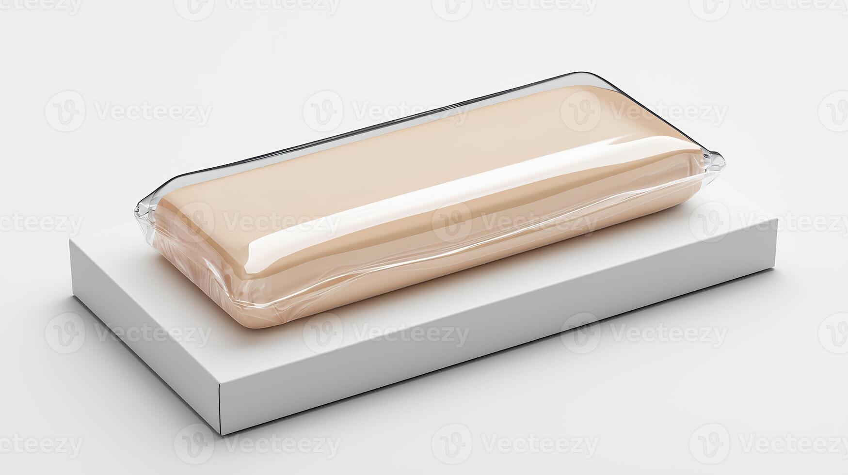 Beige Rectangular Object in Clear Plastic Packaging on White Box photo