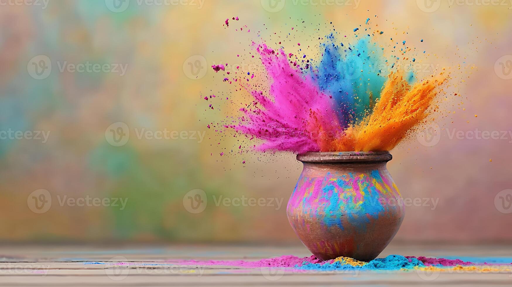 Explosion of Vibrant Holi Colors from a Clay Pot on Wooden Surface photo