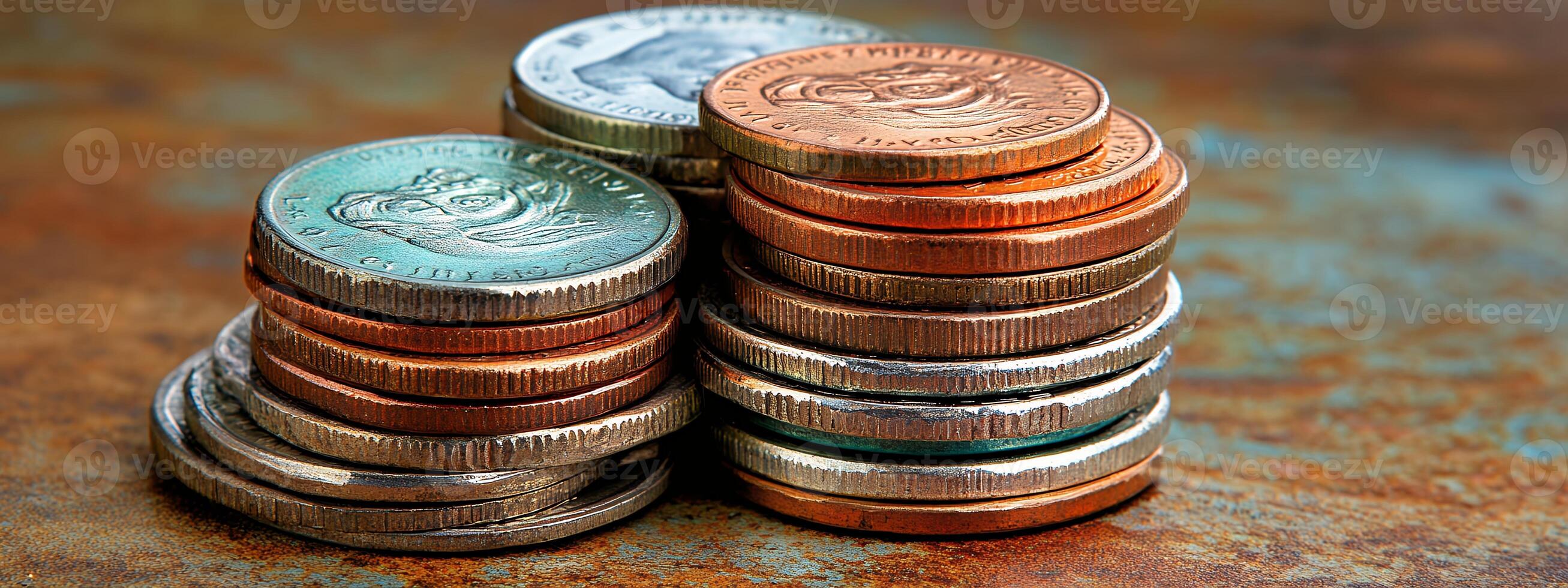 A stack of coins on a table photo