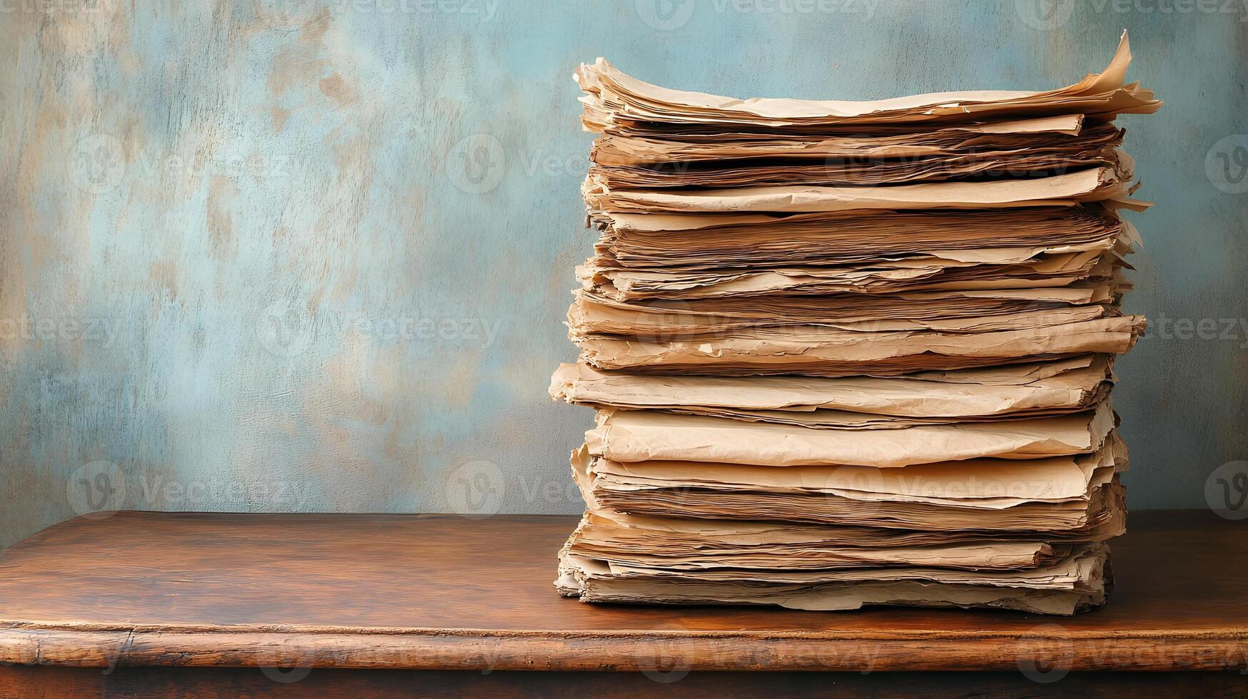 A stack of old papers on a wooden table photo