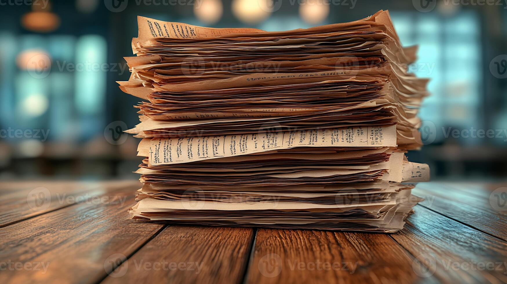 A stack of papers on a wooden table photo