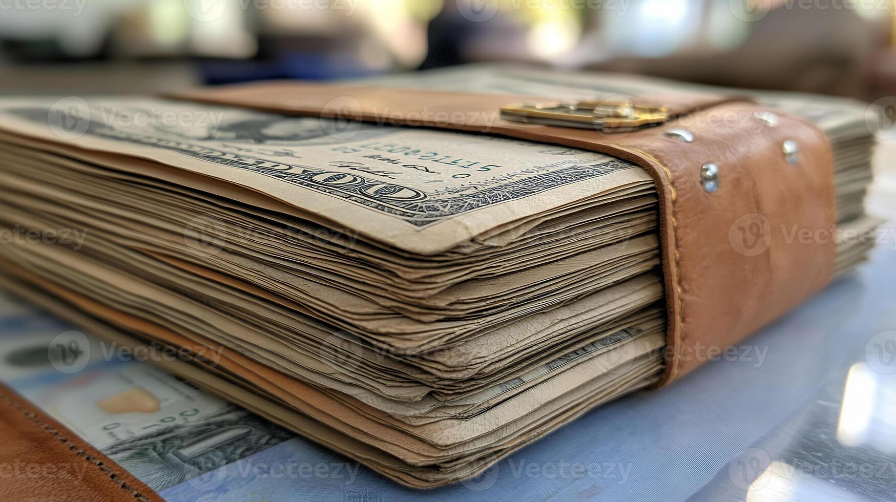 A stack of money sitting on top of a leather wallet photo