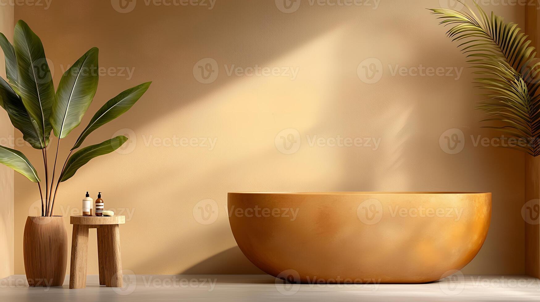 Beige Minimalist Bathroom with Wooden Bathtub and Tropical Plants photo