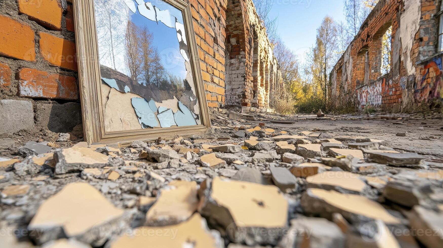 Crumbling Brick Ruin Interior with Broken Mirror Reflecting Blue Sky photo