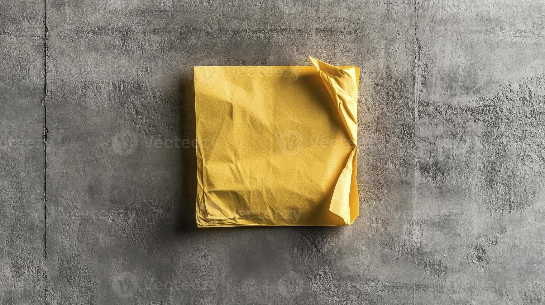 Crumpled Yellow Sticky Note on Gray Textured Background photo