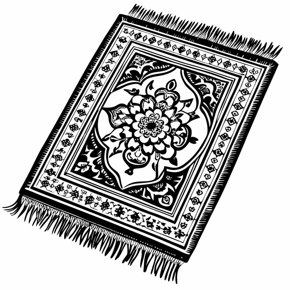 Ornate Floral Pattern Prayer Rug with Fringes in Black and White Illustration vector
