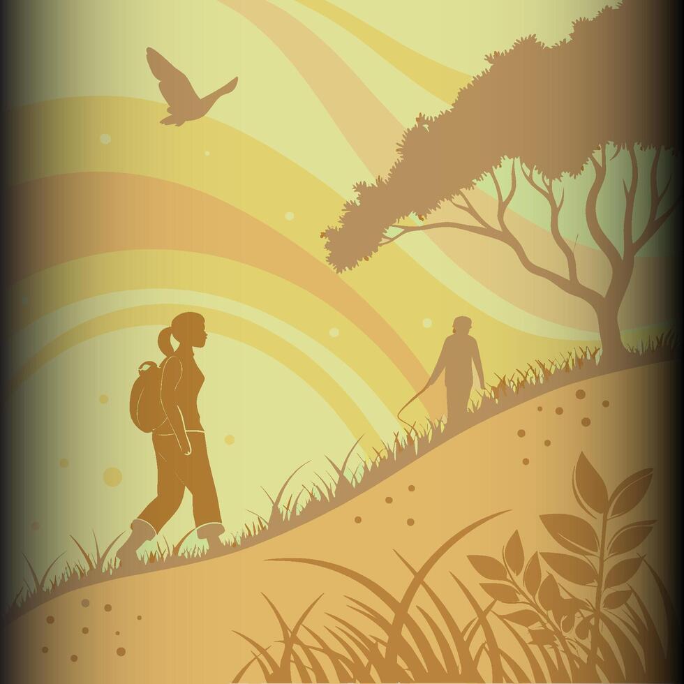 Hikers Exploring a Serene Sunset Trail vector