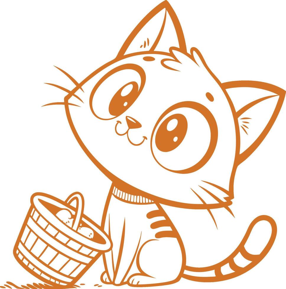 Adorable Kitten with Basket of Eggs, Playful Feline Face in a Curious Pose vector