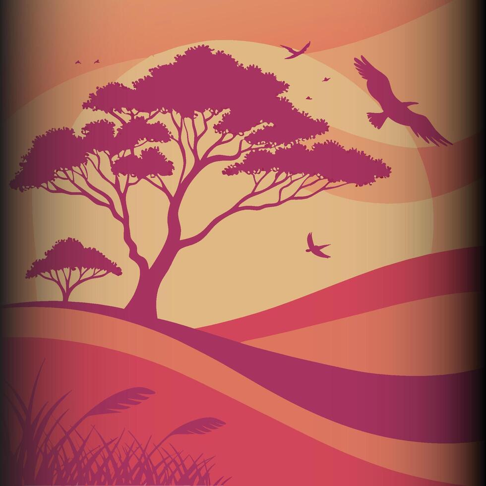 Fiery Sunset with Silhouetted Trees and Birds vector