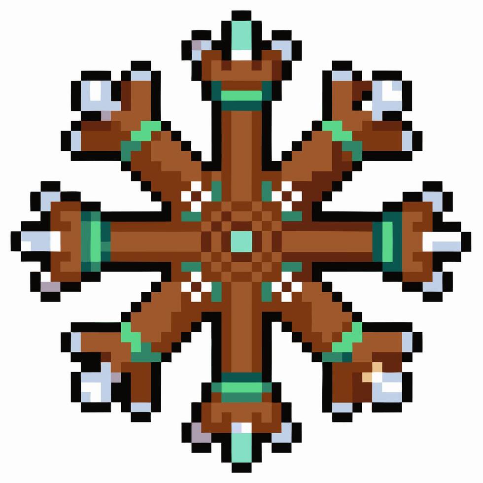 Retro Pixel Art Snowflake with Reindeer Antlers and Festive Patterns vector