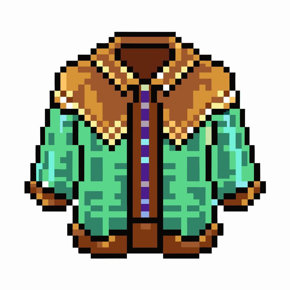 Retro Pixel Art Winter Jacket with Hood in Green and Brown vector