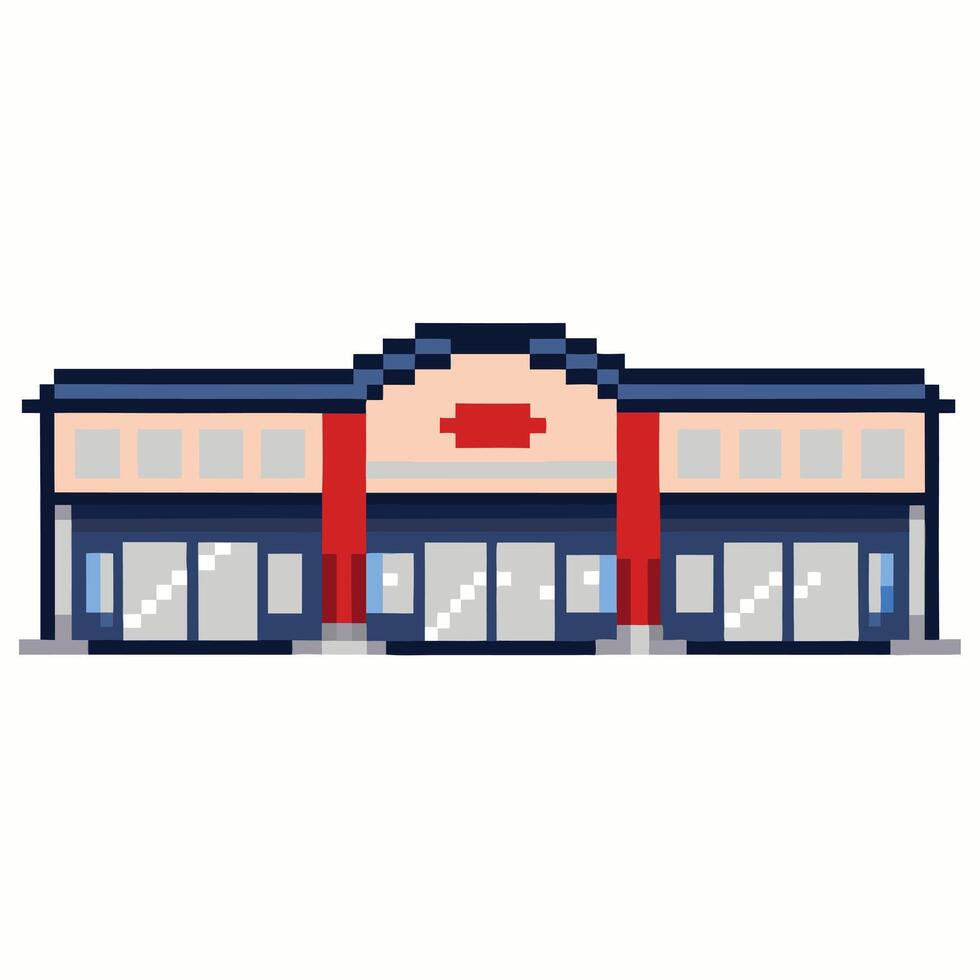 Pixel Art Shopping Mall Entrance Design for Retro Gaming and Urban Architecture Themes vector