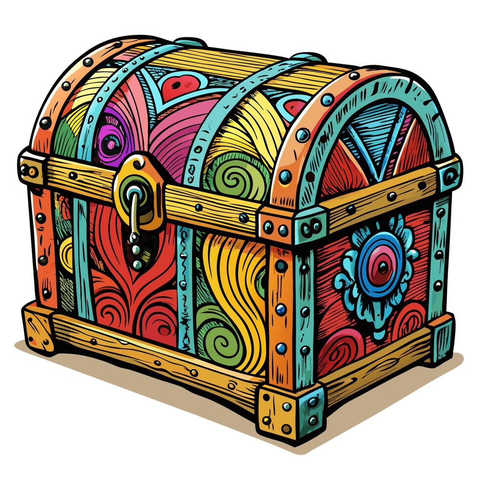 Colorful Vintage Treasure Chest with Intricate Patterns and Lock vector