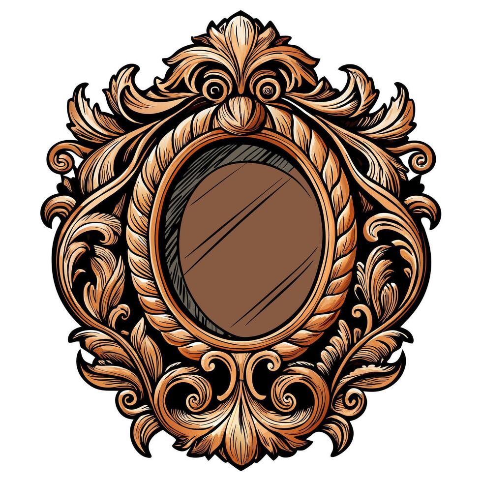 Ornate Vintage Baroque Oval Mirror Illustration in Gold and Brown Tones vector