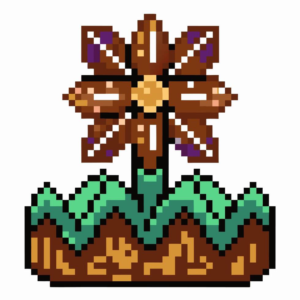 Pixel Art Retro Flower with Geometric Petals on Grass Base vector