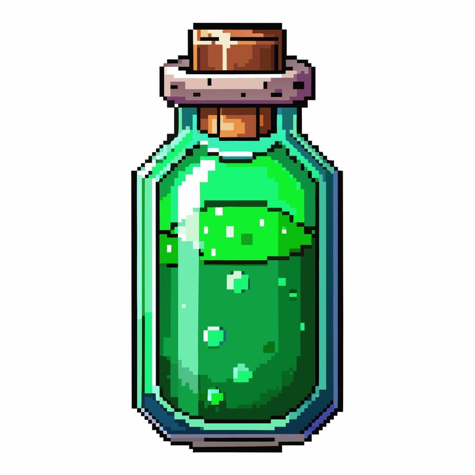 Pixel Art Green Potion Bottle with Bubbles and Cork Stopper vector