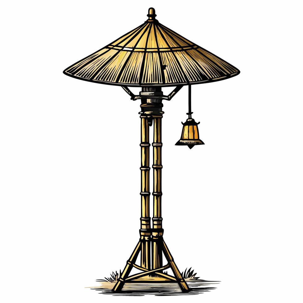 Rustic Bamboo Lamp Post with Traditional Umbrella Shade for Outdoor Decor vector